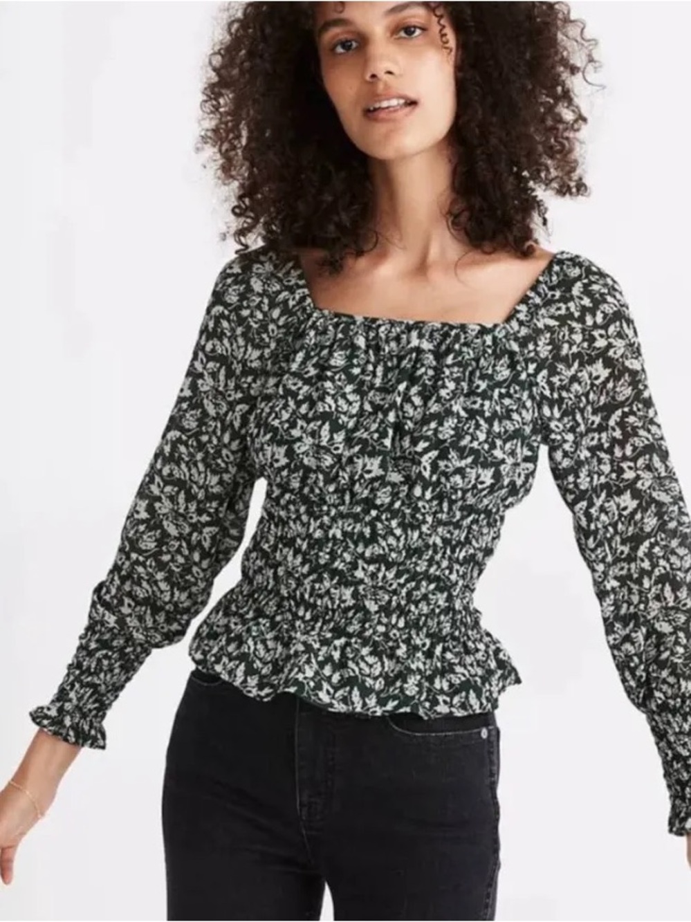 Madewell Floral Green Georgette Smock-Waist Square Neck Top in Forest Leaves Med